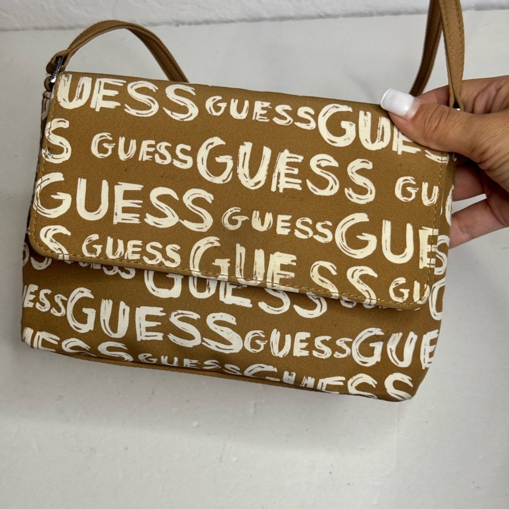 Vintage Y2K Guess Print Logo Tan Shoulder Bag - Picture 4 of 11